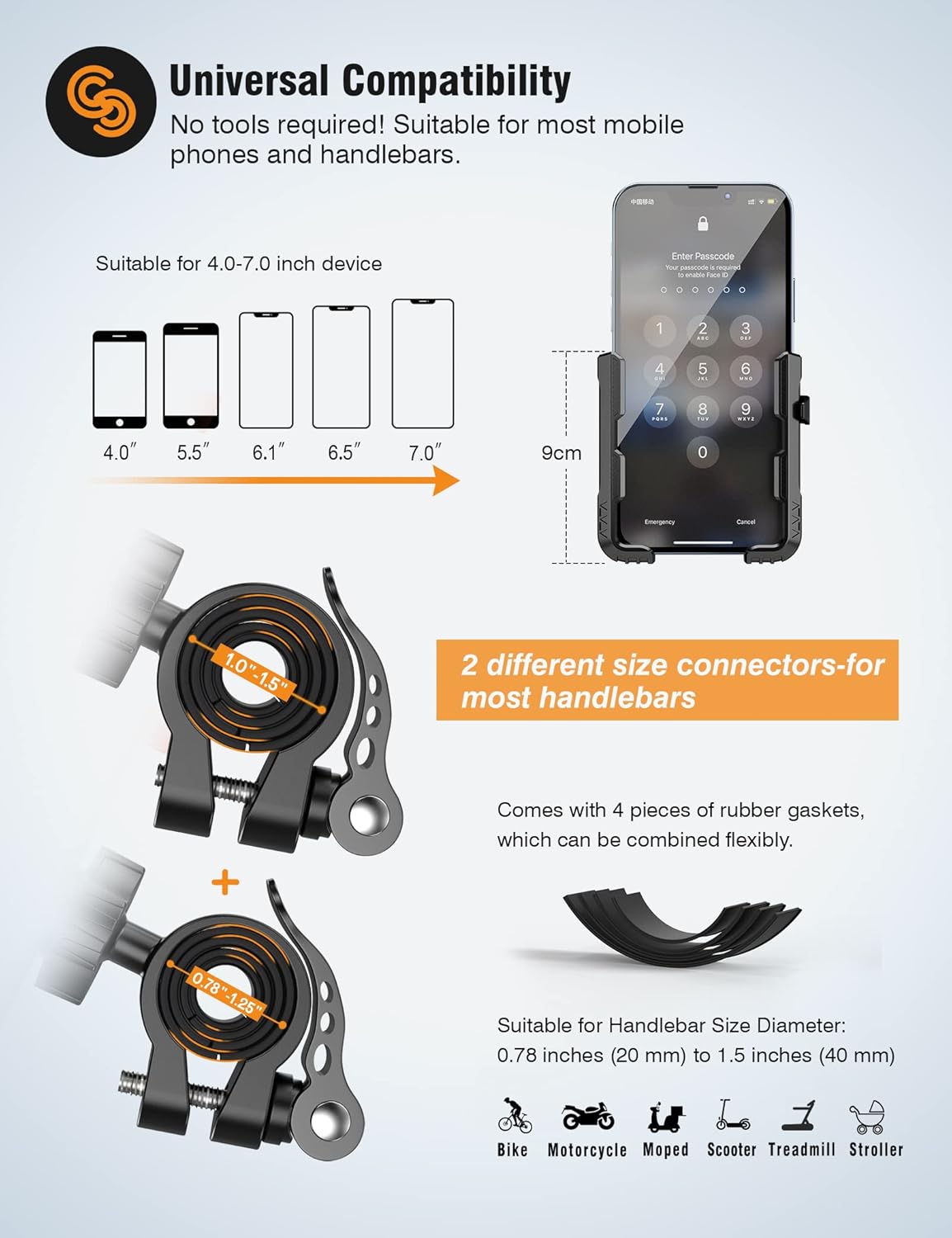 Bike Phone Mount for Electric, Mountain, Scooter, and Dirt Bikes -360°rotatable Bike Phone Holder- Bike Phone Holder Suitable for Smartphones from 4.0-7.0 inches.